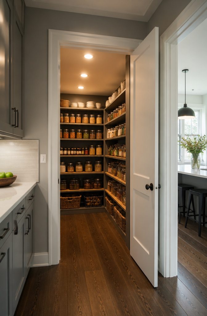 Recessed can lights installed in the ceiling of a pantry.