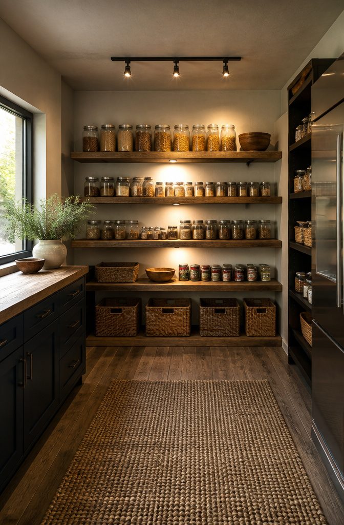 Track lighting installed in an L-shaped pantry with multiple shelves.