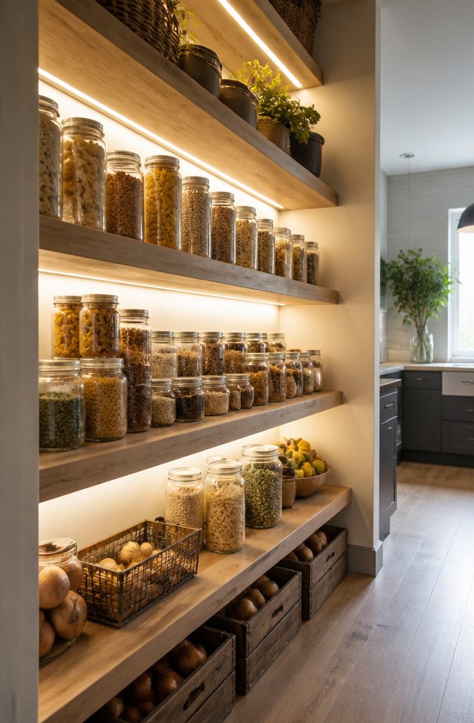 LED strip lights installed under wooden shelves in a pantry.