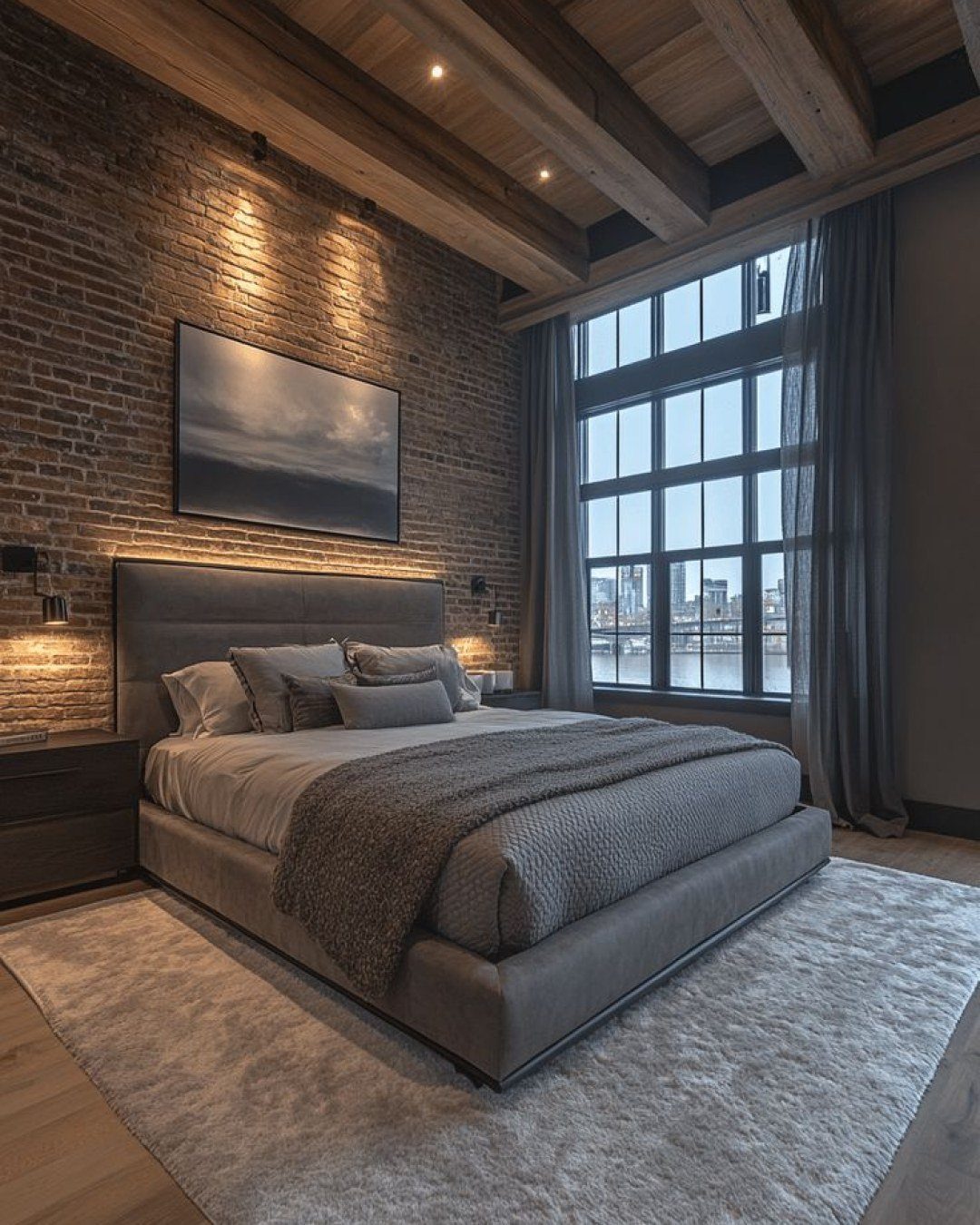 Modern bedroom featuring a grey bed against a textured brick wall with soft accent lighting.