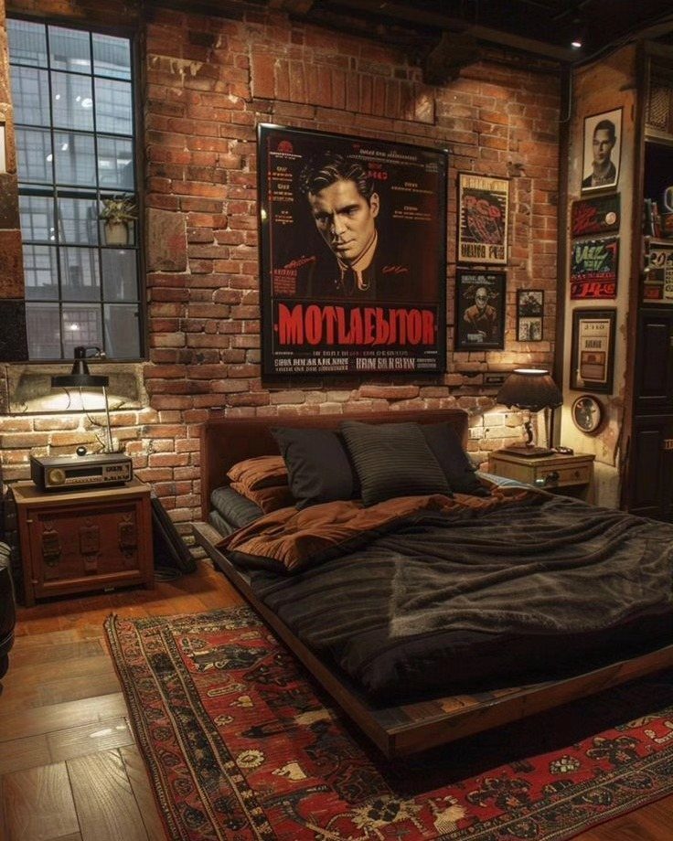 Vintage table lamps illuminating a dark bedroom with exposed brick walls and a wooden bed.
