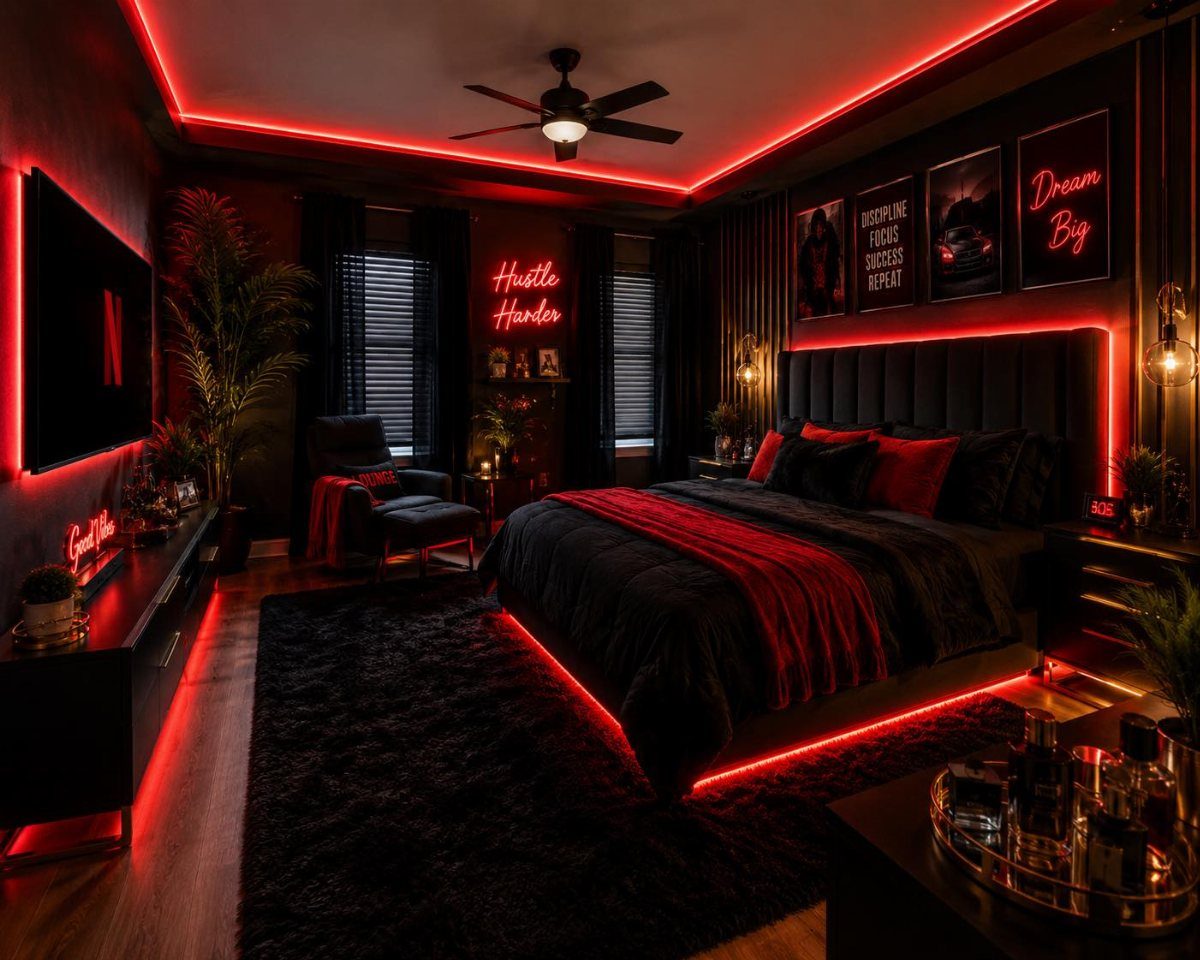 Dark bedroom illuminated by vibrant red LED strip lighting around the ceiling and bed frame.