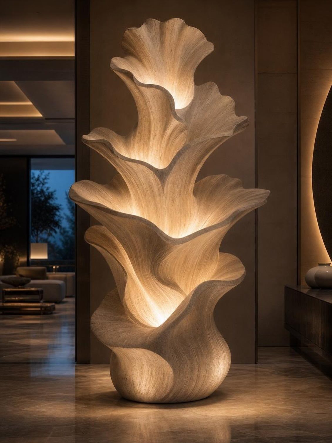 Large sculptural floor lamp with organic wavy layers emitting a warm glow in a modern room.