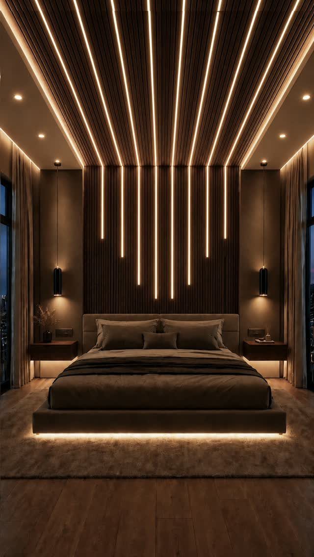 Modern bedroom with vertical LED light strips on the ceiling and wall above a large bed.