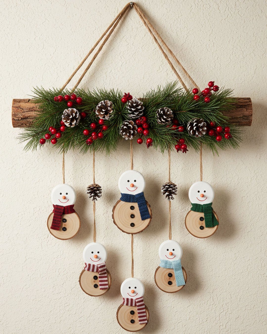 Wooden snowman slices hanging from a pine-decorated branch against a neutral wall.