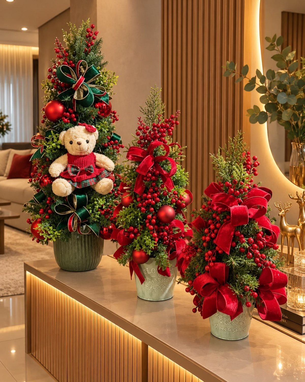 Three small decorated Christmas trees with red bows and berries sitting on a lit console table.
