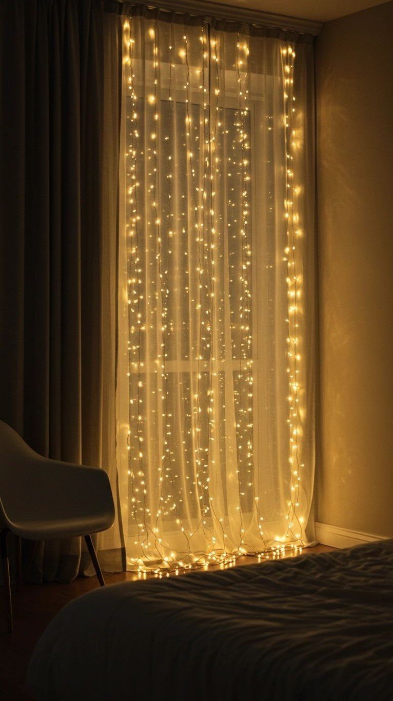 Warm white fairy lights glowing behind sheer white curtains in a dimly lit room.