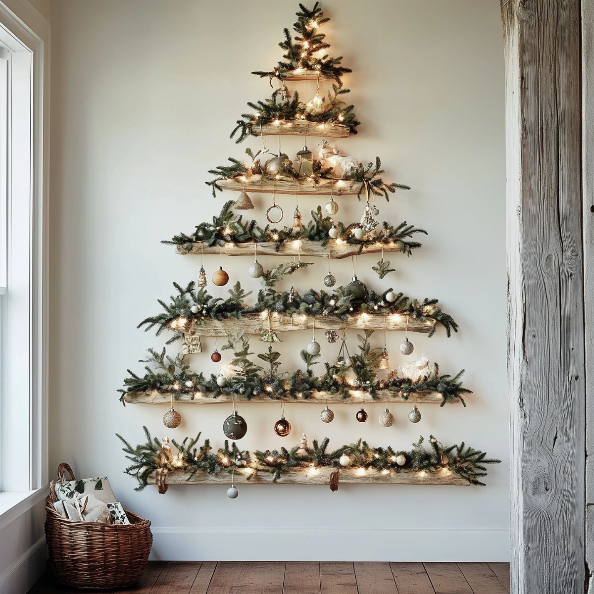 Wooden floating shelves arranged in a triangle shape on a wall, decorated with pine branches and ornaments.