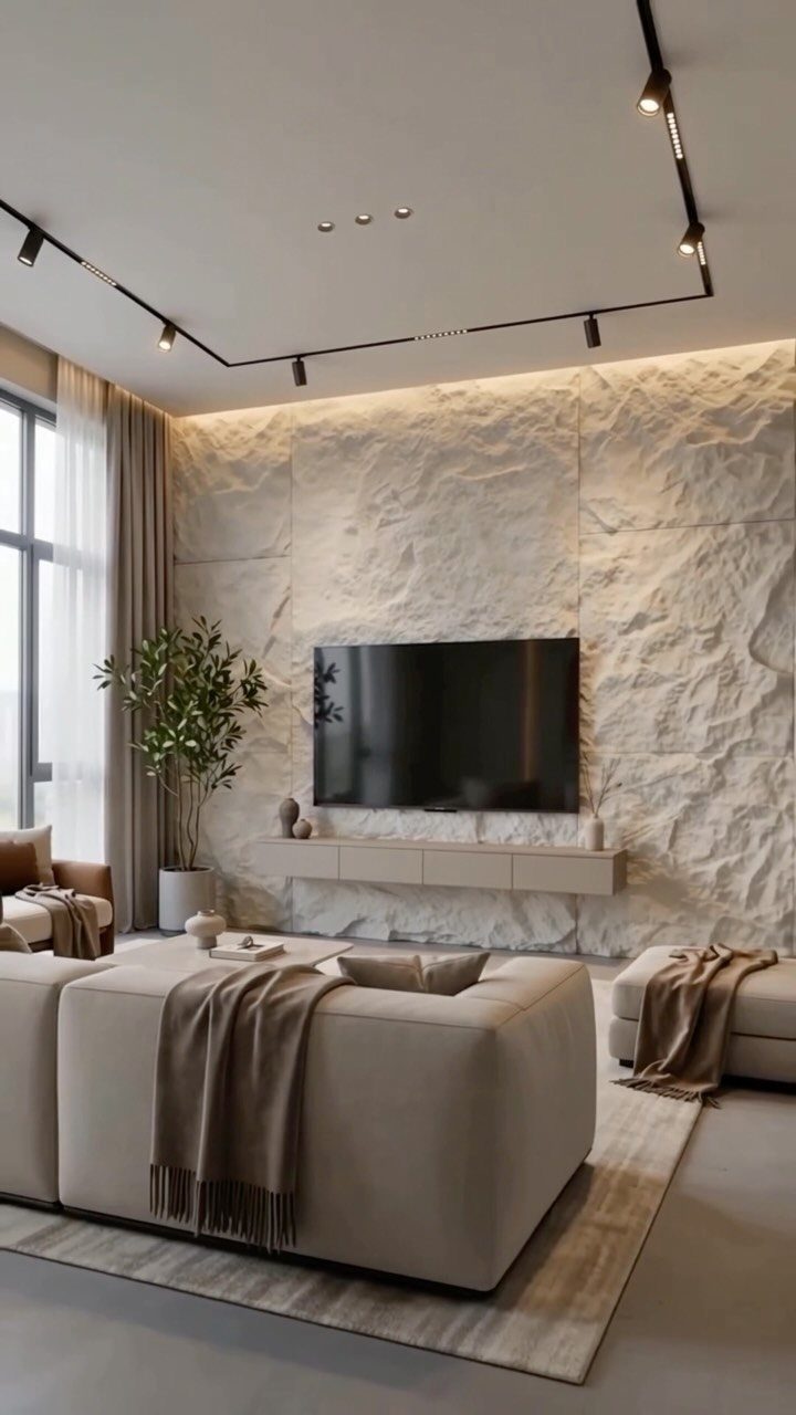 Textured white stone accent wall with a mounted television and floating console in a modern living room.