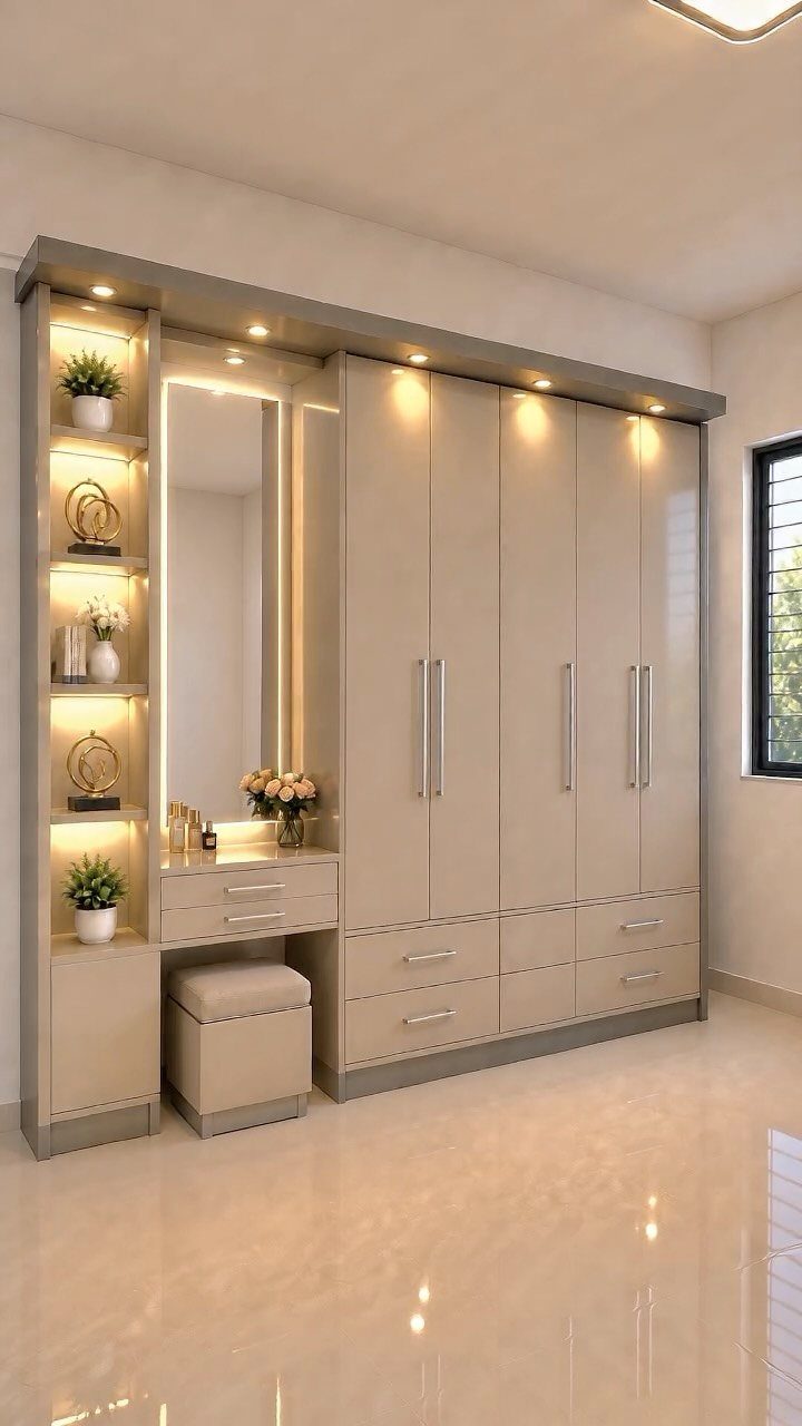 Built-in beige wardrobe system with integrated shelving, vanity mirror, and lighted display niches.