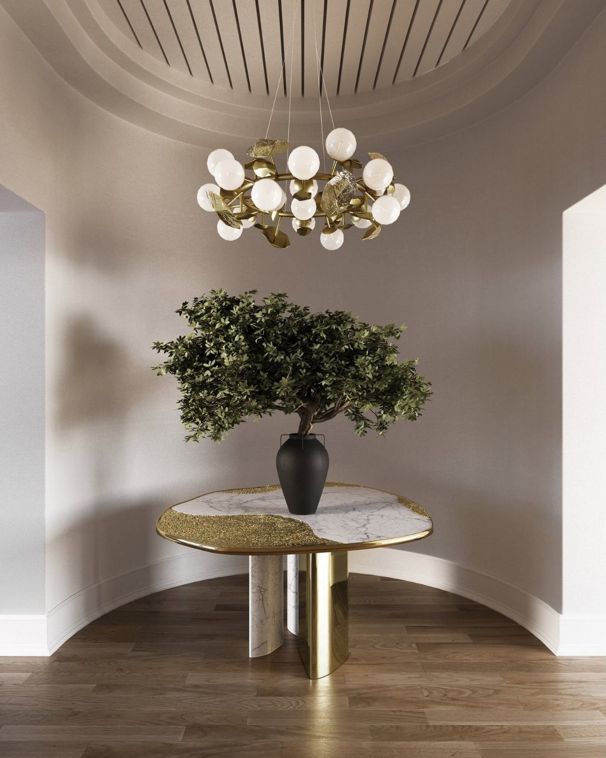 A gold chandelier with white globes hanging over a marble table with a small tree.