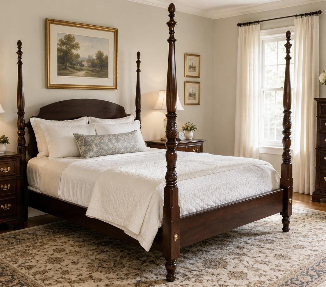 A dark wood four-poster bed with white bedding sits on a patterned rug in a bright bedroom.