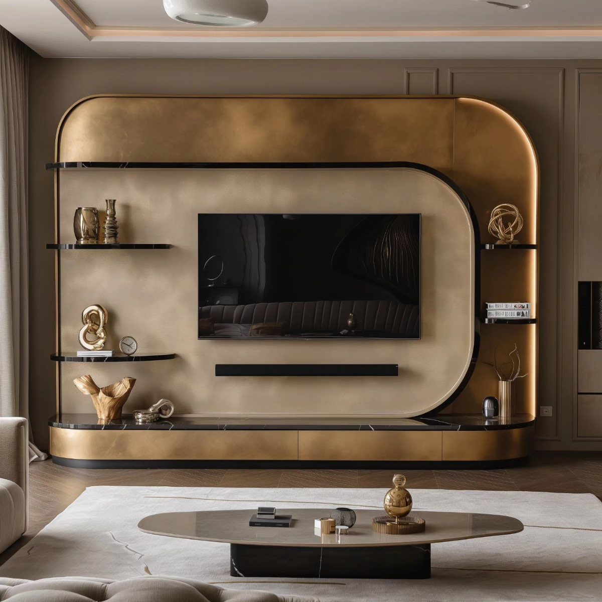 A large, curved gold metallic wall unit with black shelves housing a television in a modern room.
