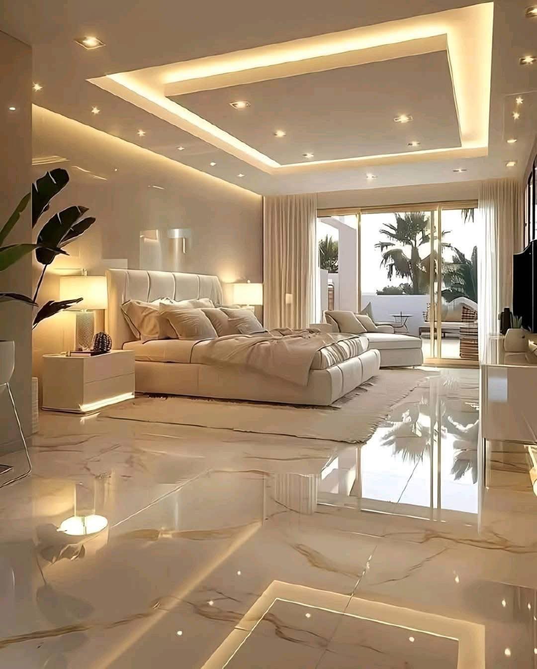 Luxurious modern bedroom with warm recessed ceiling lighting and marble floors.