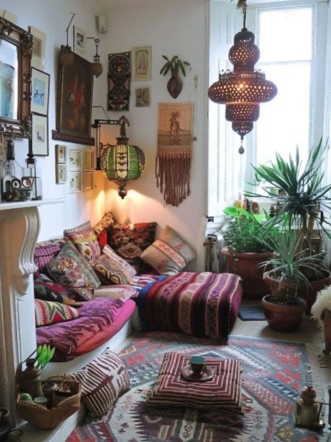A cozy seating nook with colorful patterned cushions, a patterned rug, and hanging Moroccan-style lanterns.