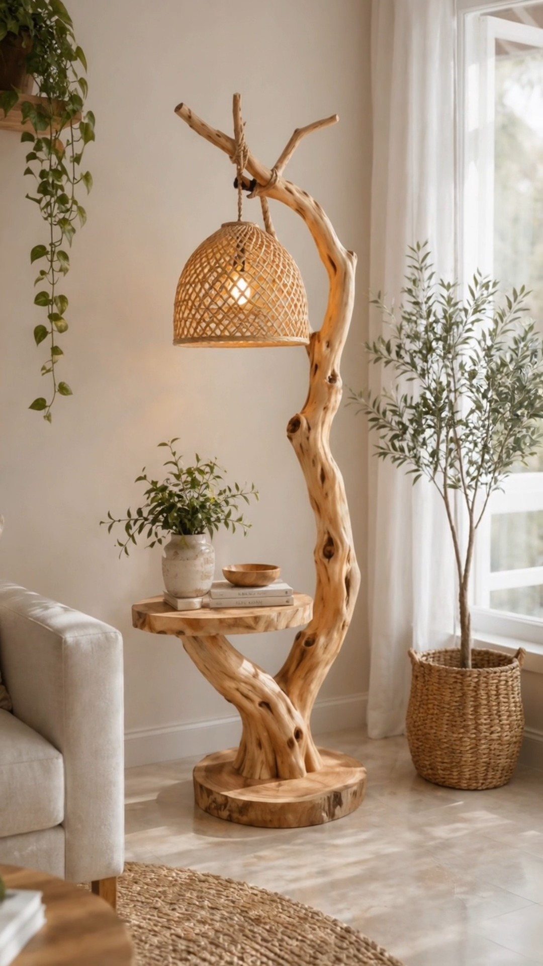 A sculptural tree branch floor lamp with a woven shade and integrated wooden side table.