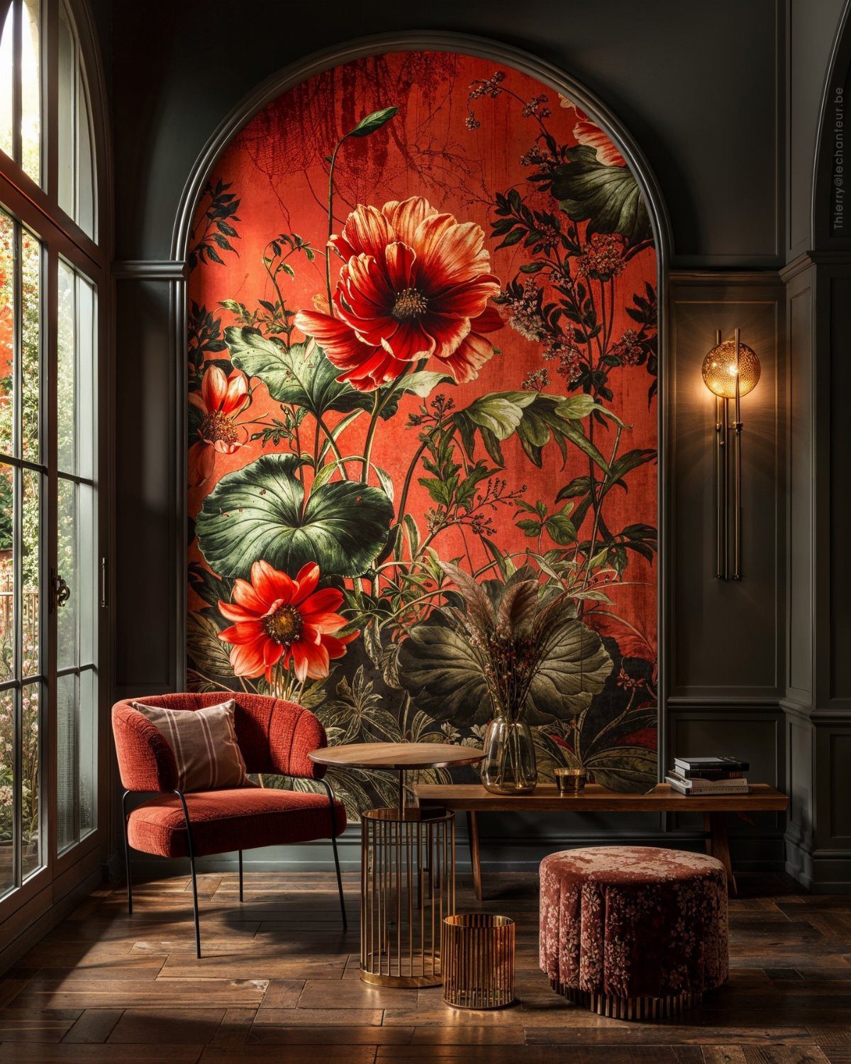 Large red floral wallpaper inside an arched alcove surrounded by elegant velvet furniture and dark walls.