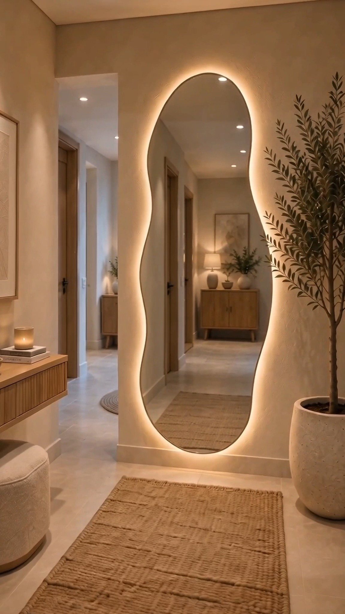 An organic-shaped floor mirror with glowing LED backlight reflecting a minimalist hallway and wooden furniture.