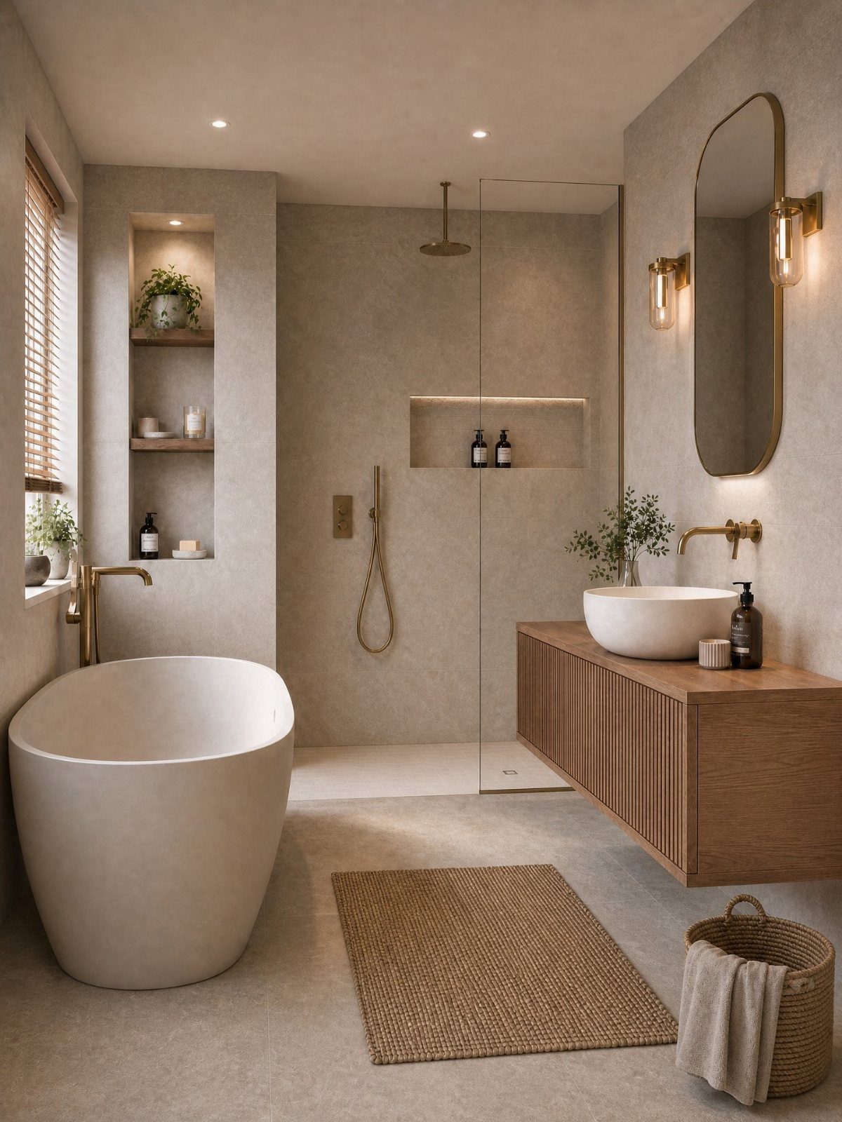 A luxurious spa-style bathroom with a freestanding tub, glass shower, and wooden vanity.