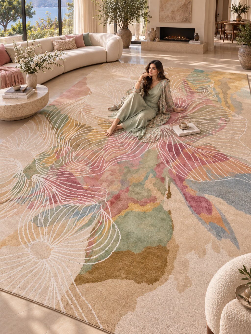 Large abstract floral rug in pink and teal tones covering a bright living room floor.