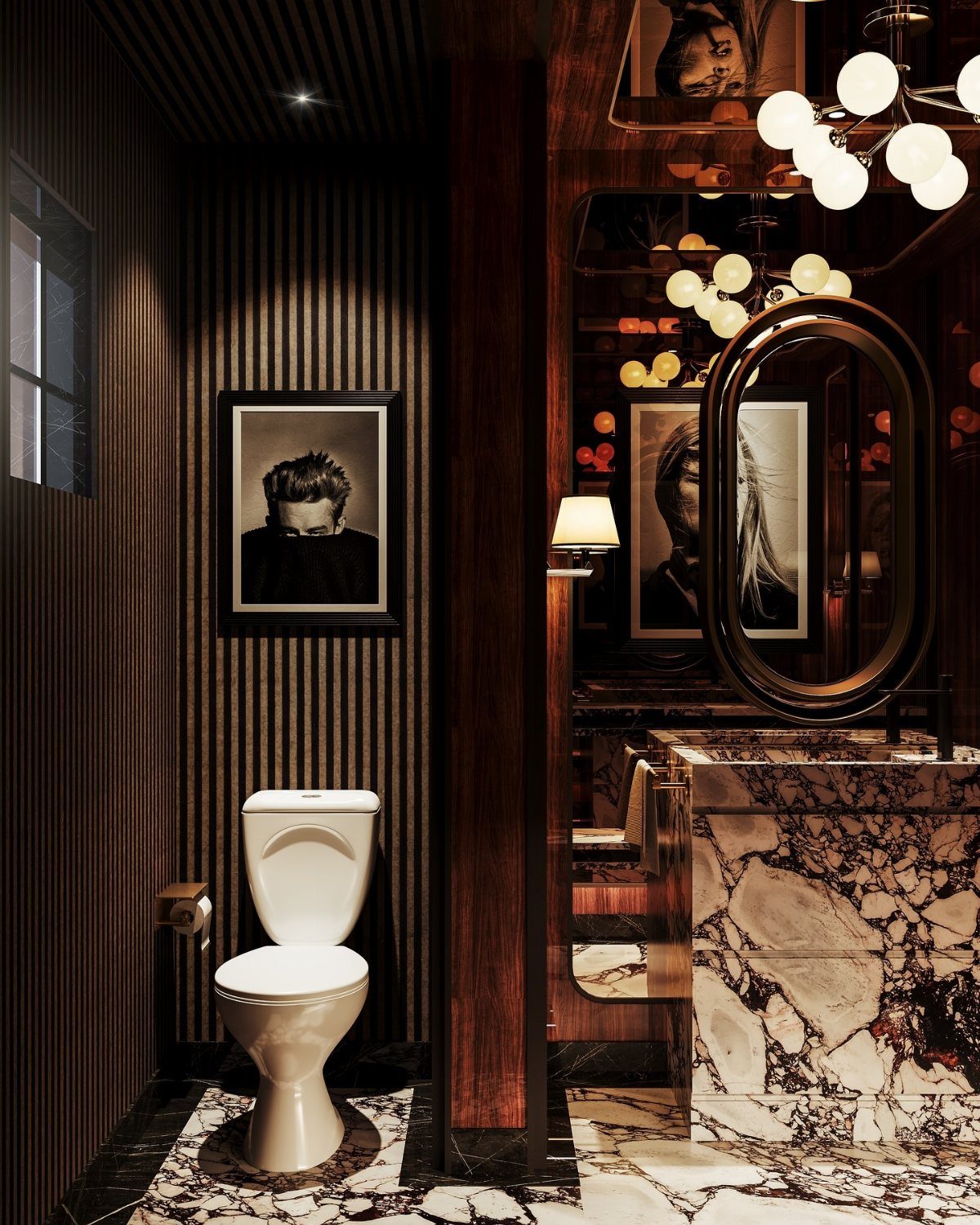 Black and gold striped wallpaper in a luxury bathroom with a white toilet and marble vanity.