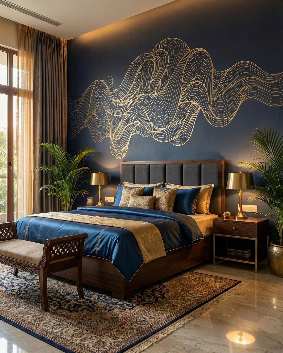 Dark blue bedroom wall featuring flowing gold wavy line patterns and elegant gold lighting.