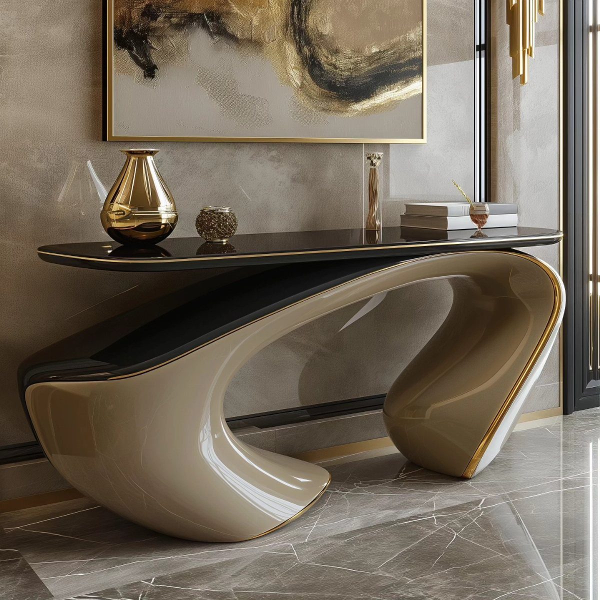 A sculptural black and gold console table decorated with gold vases and accessories against a textured wall.