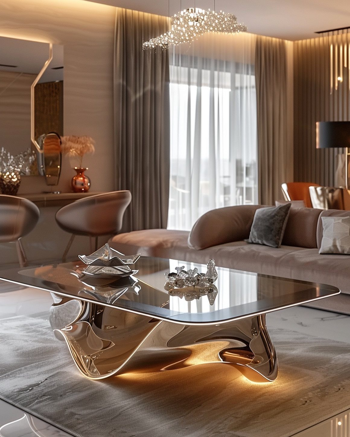 A sculptural gold metallic coffee table with a dark reflective top in a luxury living room.