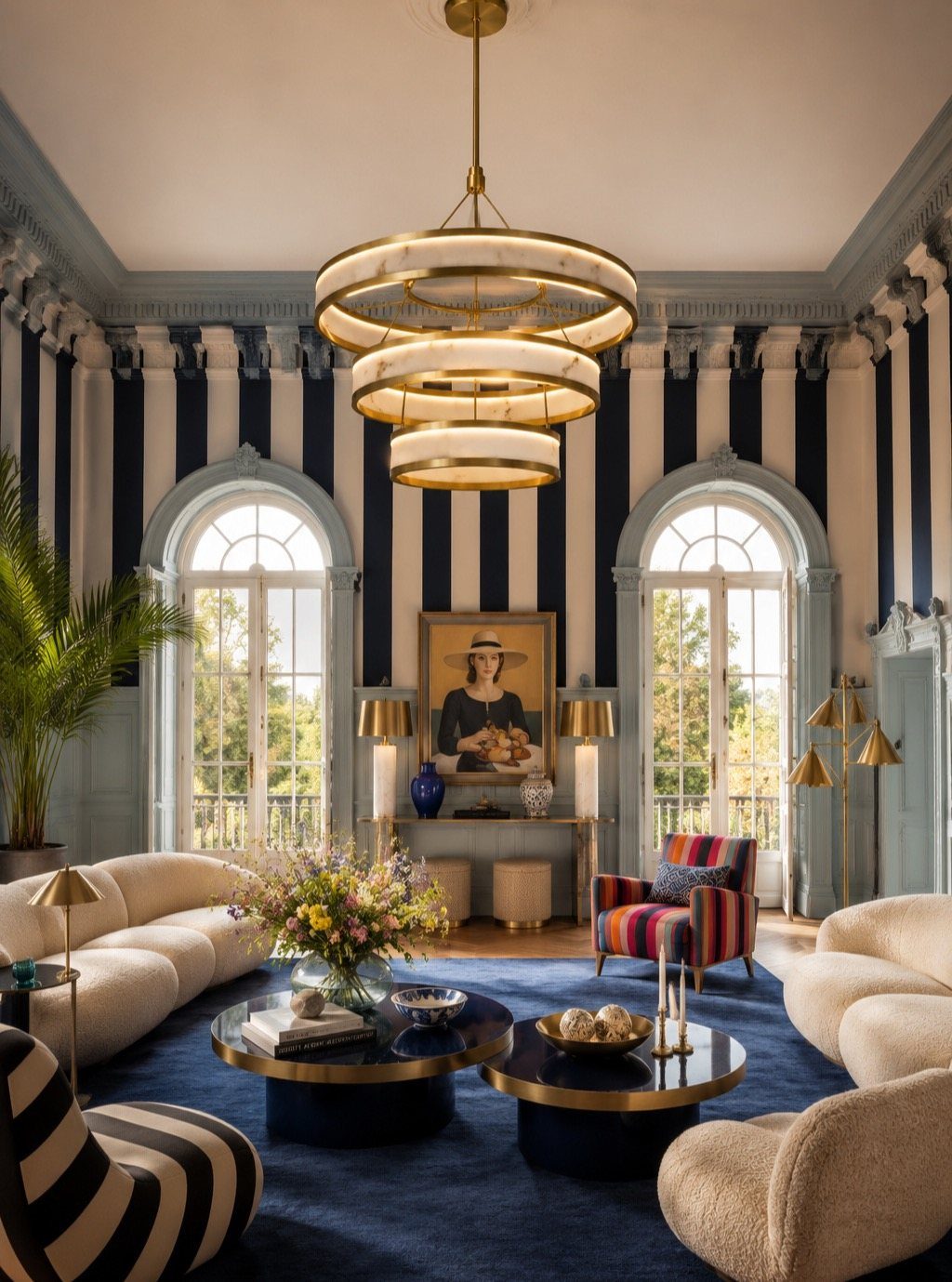 Tiered gold and white chandelier hanging in a luxury living room with striped walls.
