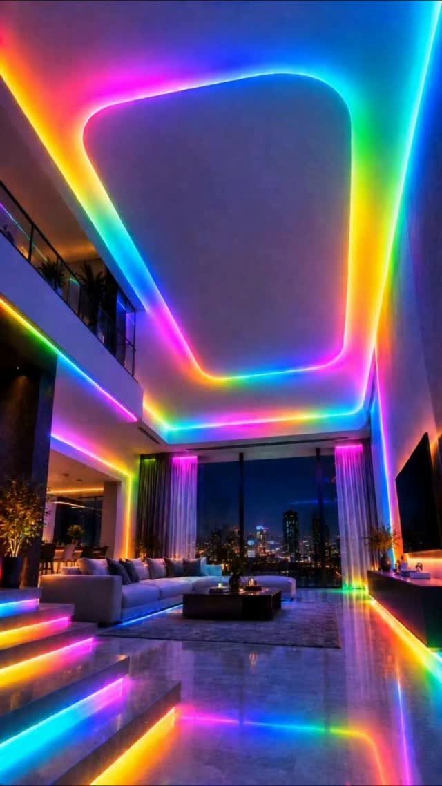 Modern living room with vibrant rainbow LED lighting strips on the ceiling, stairs, and floor.