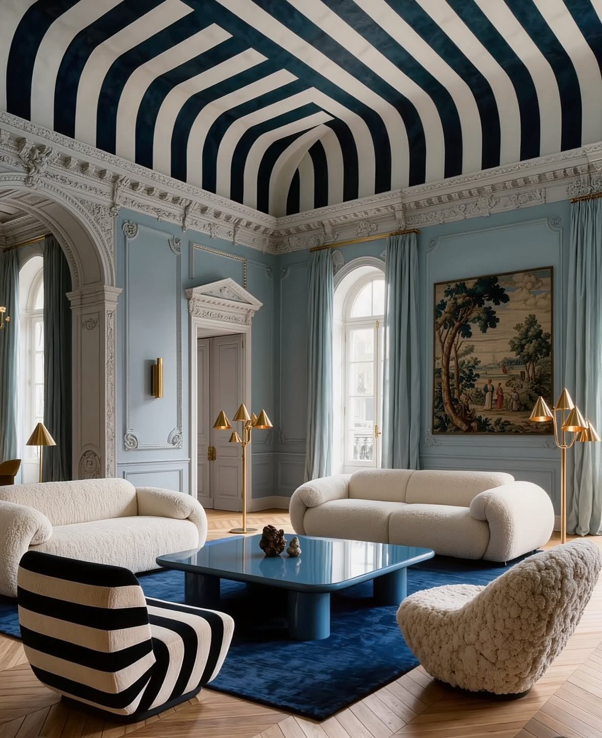 A luxury living room with blue paneled walls, striped vaulted ceiling, and white curved sofas.