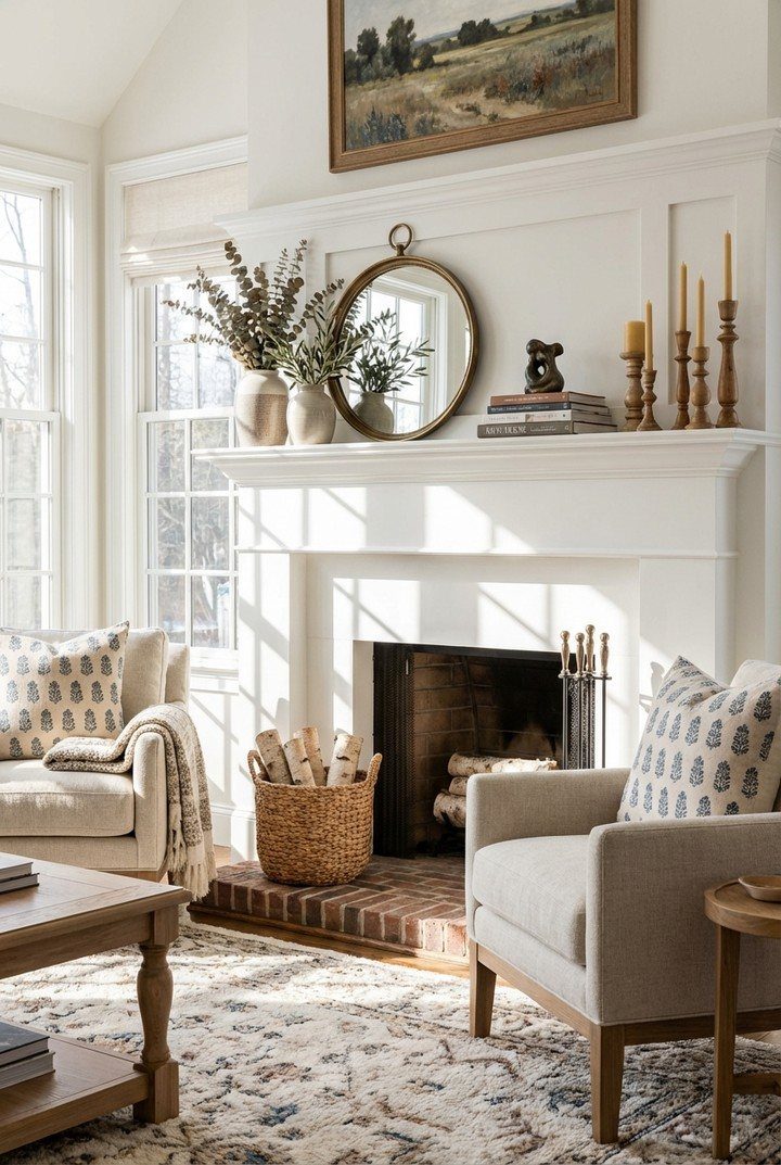 A white mantelpiece fireplace decorated with a round mirror, greenery, and candles in a bright living room.