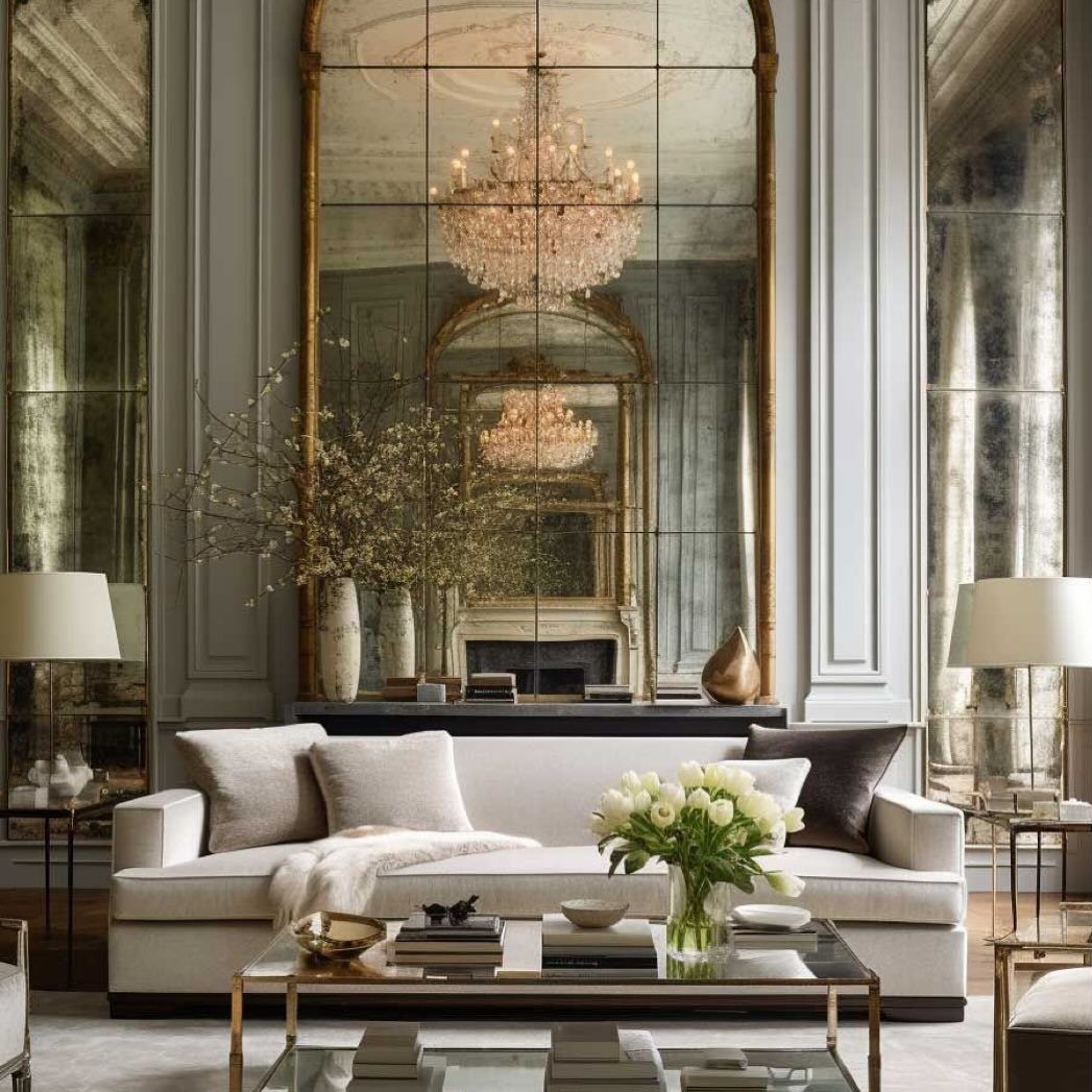 Large gold-framed paneled mirror reflecting a crystal chandelier in a luxury living room.