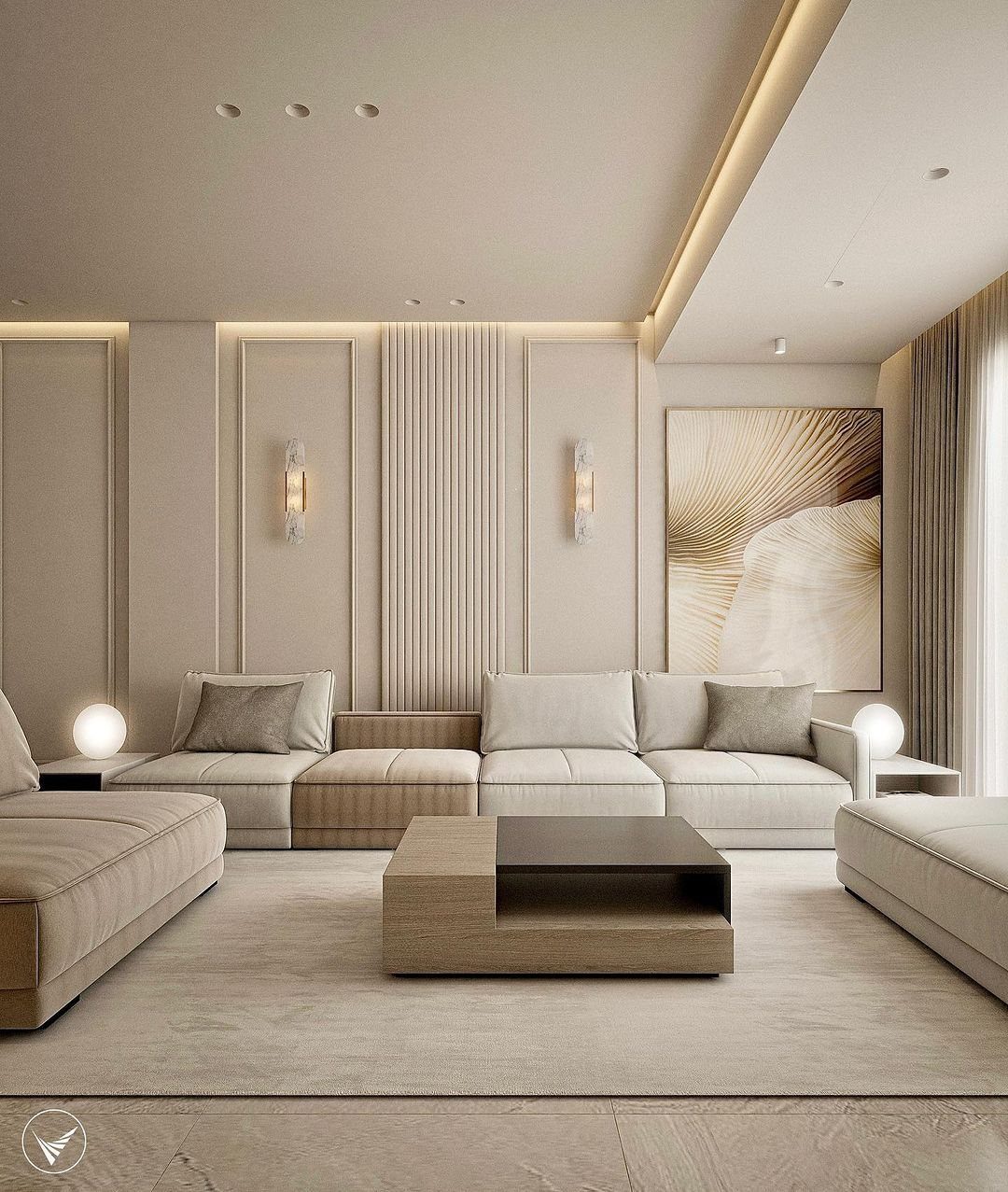Minimalist beige living room with low sectional sofa, wooden coffee table, and paneled walls.