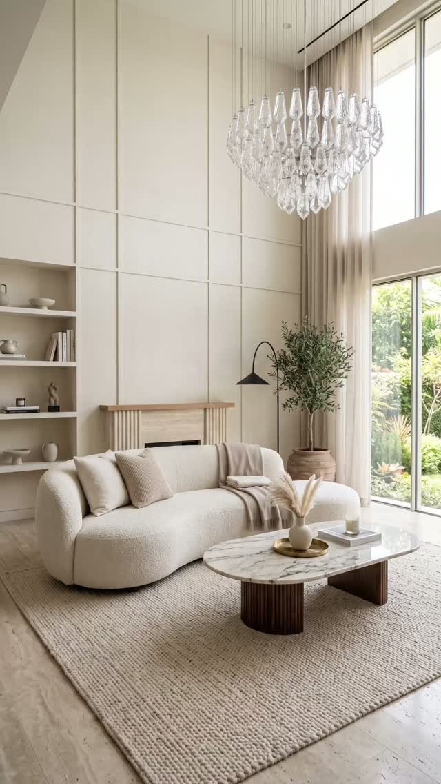 Cream curved sofa and marble coffee table in a neutral toned luxury living room.