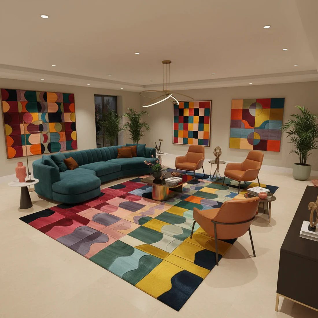 A colorful geometric rug sits beneath a teal sofa and orange chairs in a modern living room.