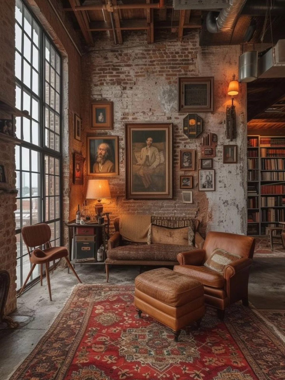 Vintage leather furniture and classical framed portraits arranged against an exposed brick wall.