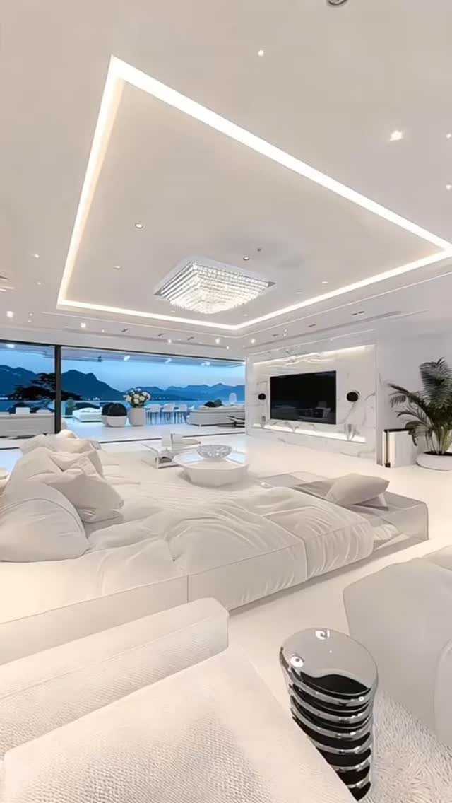 White luxury living room with a large sectional sofa and expansive windows overlooking mountains.