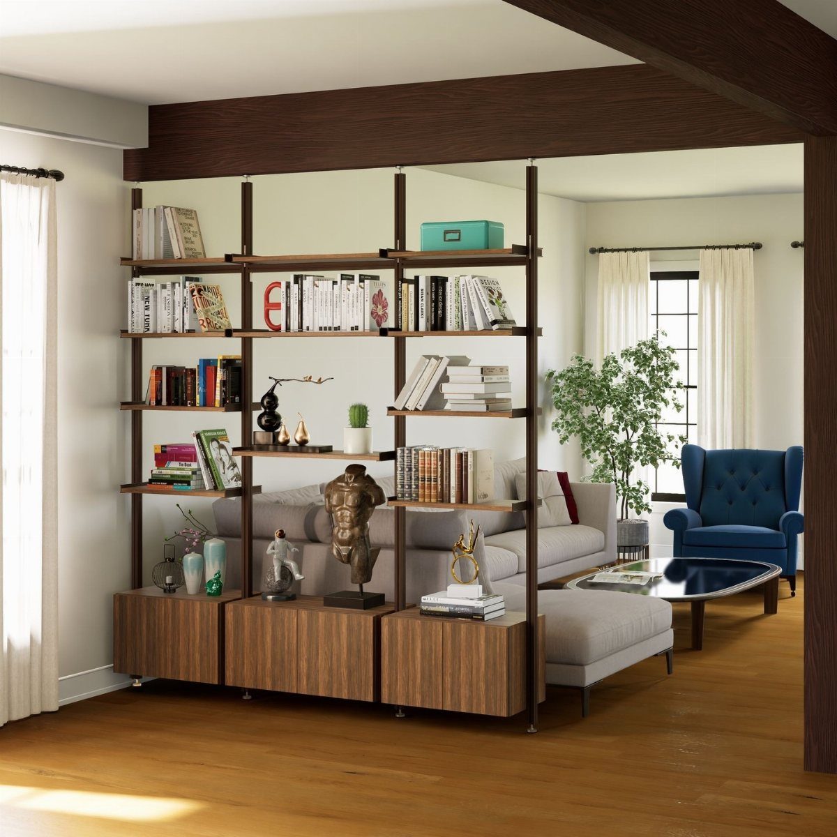 Large open wooden shelving unit with metal frames dividing a modern living room space.