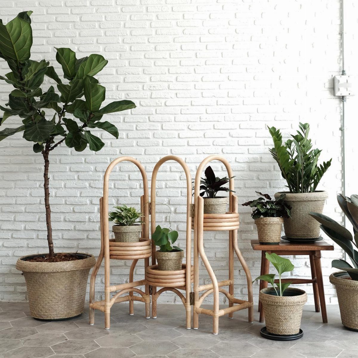 Rattan plant stands holding small potted greenery positioned against a white brick wall.