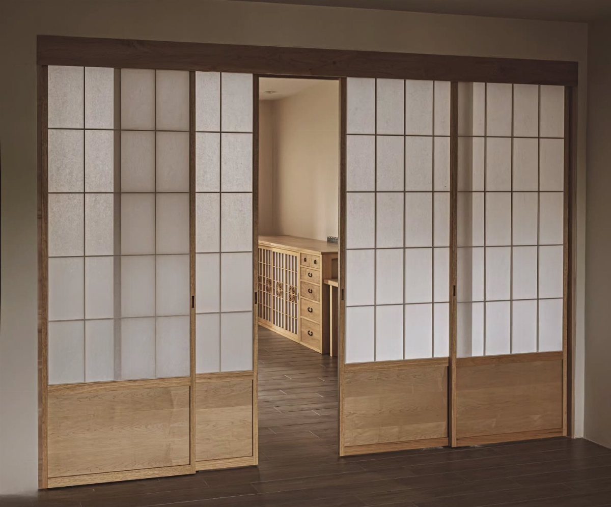 Traditional wooden Shoji sliding doors with translucent white paper panels in a modern room.