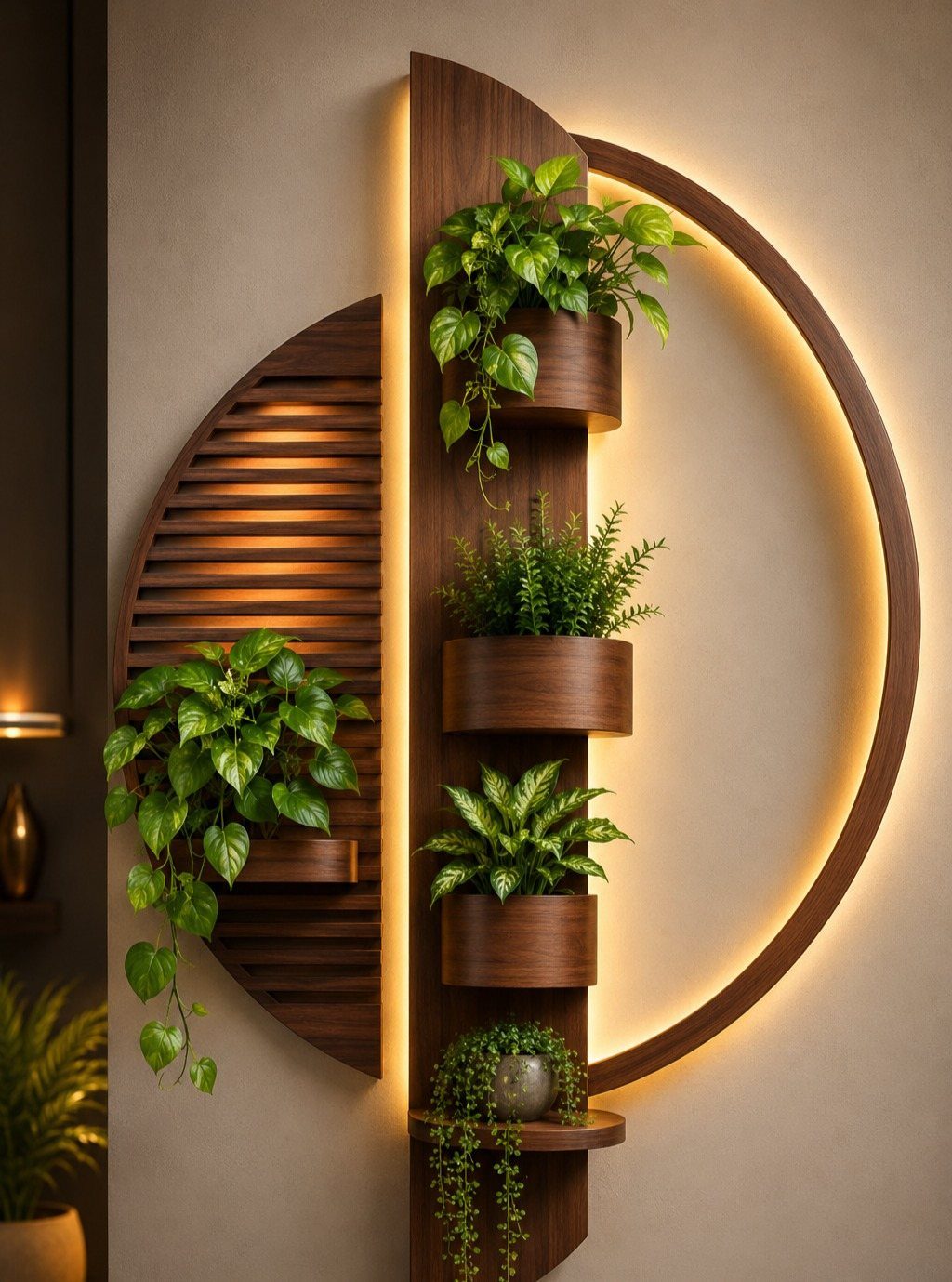 Wooden wall planters with integrated LED lighting and lush green plants mounted on a beige wall.