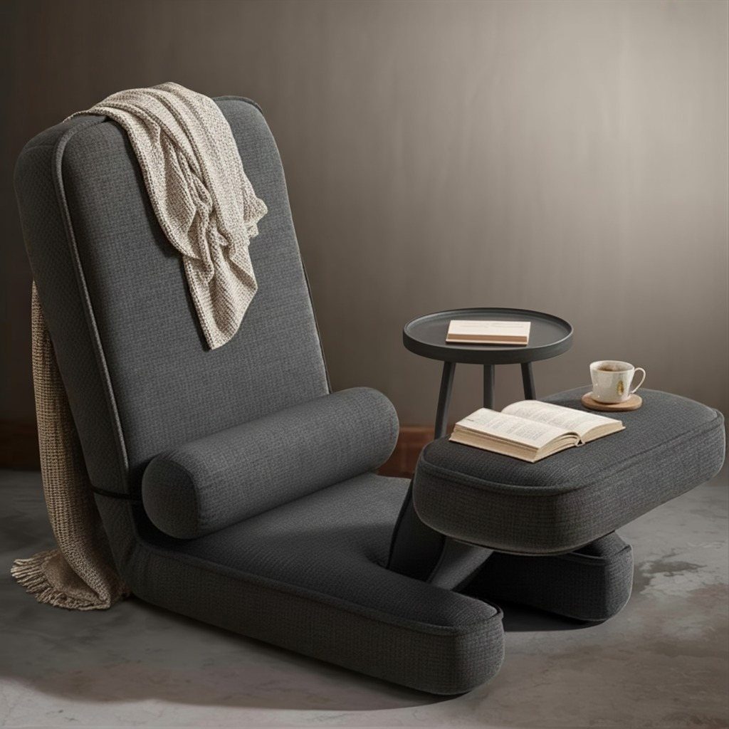 Grey upholstered lounge chair with a knit throw, ottoman, and small side table against a grey wall.