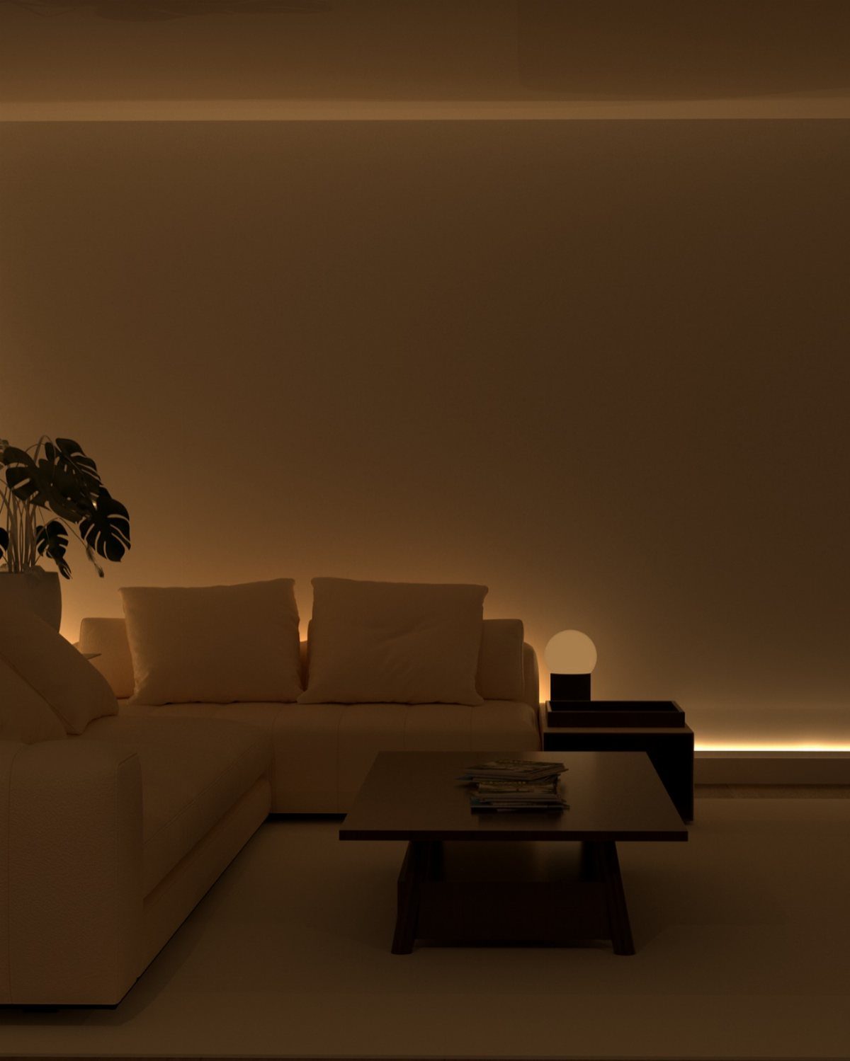 Warm ambient lighting illuminates a white sofa and dark coffee table in a minimalist room.