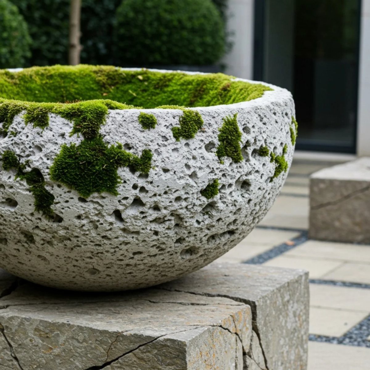 A large, textured stone bowl filled with green moss resting on a stone pedestal.