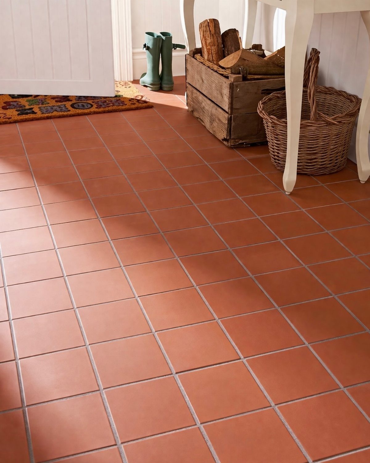 Terracotta floor tiles in a warm orange tone with wooden crates and baskets in the background.