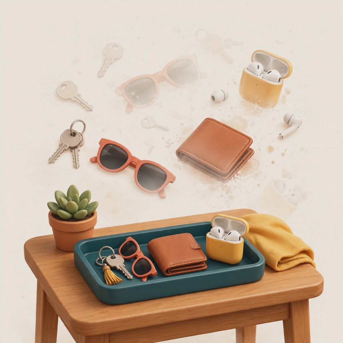 A teal tray holding a wallet, sunglasses, and keys on a wooden stool.