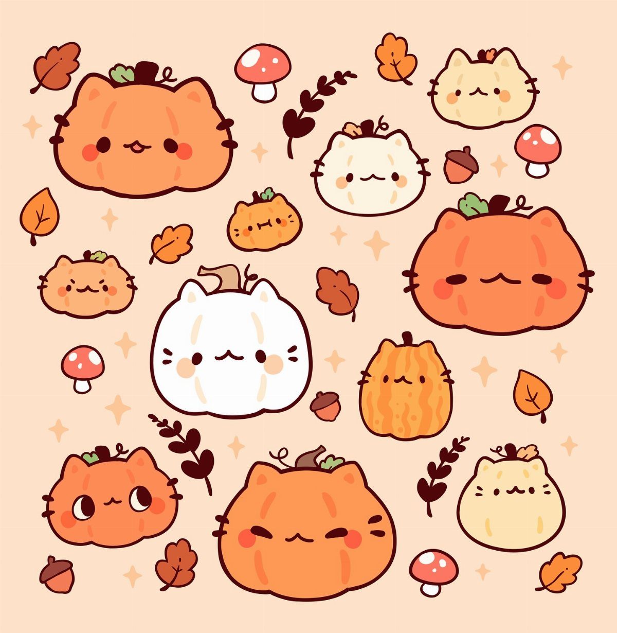 Kawaii style mini pumpkins with cute faces, mushrooms, and autumn leaves on a beige background.