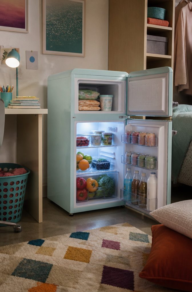 Galanz Retro Compact Mini Refrigerator in a dorm room environment.