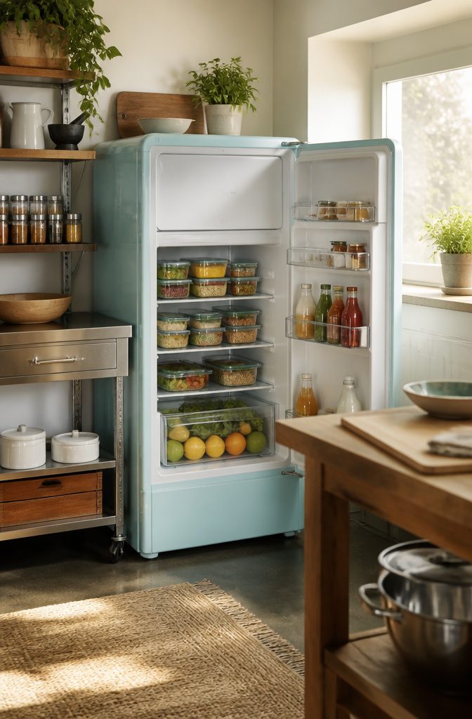 Frigidaire EFR376 with open door showing meal prep containers inside.